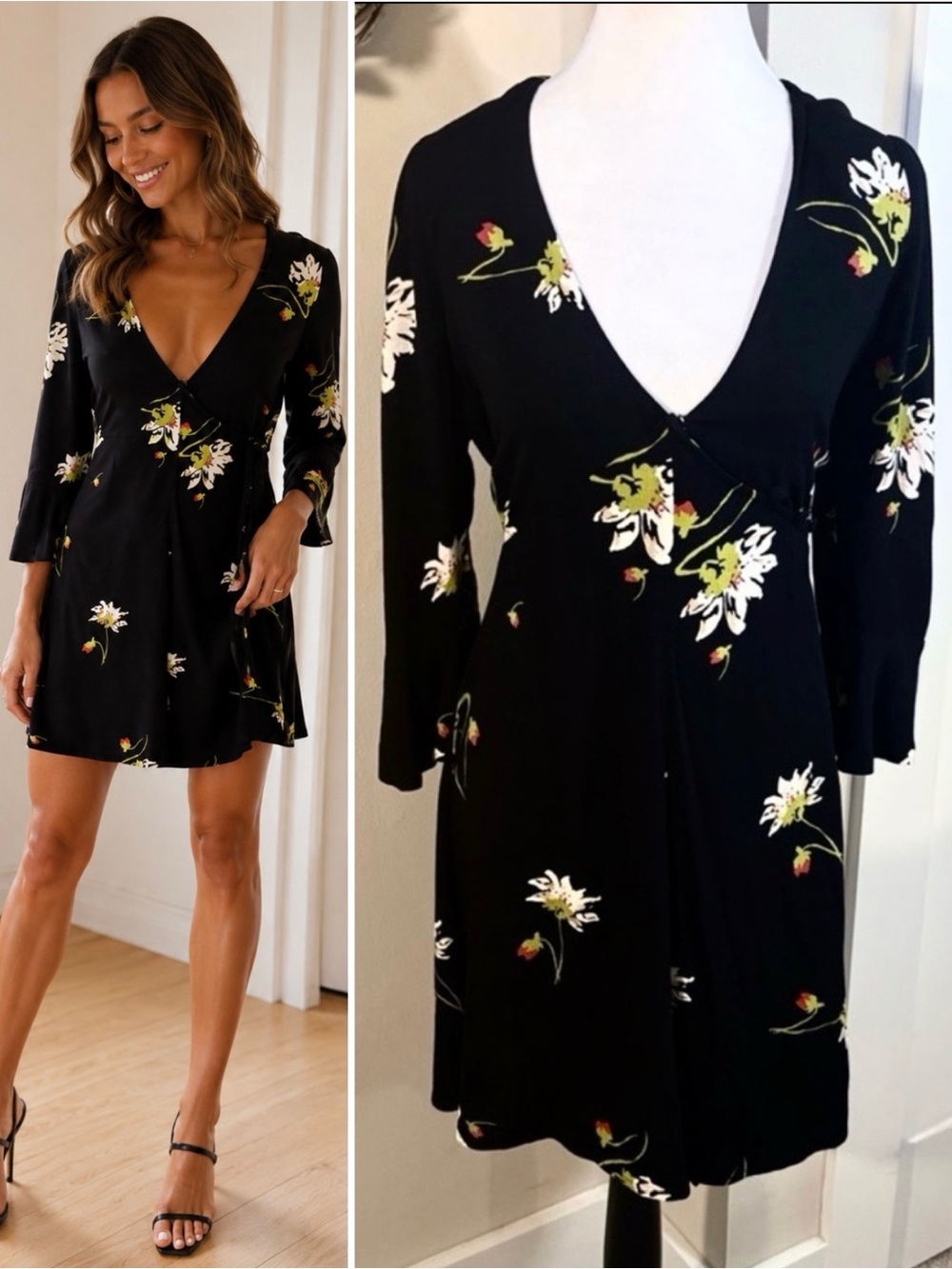 Free People Time On My Side Floral Wrap Mini Dress Black 3/4 Sleeve Sz M💚